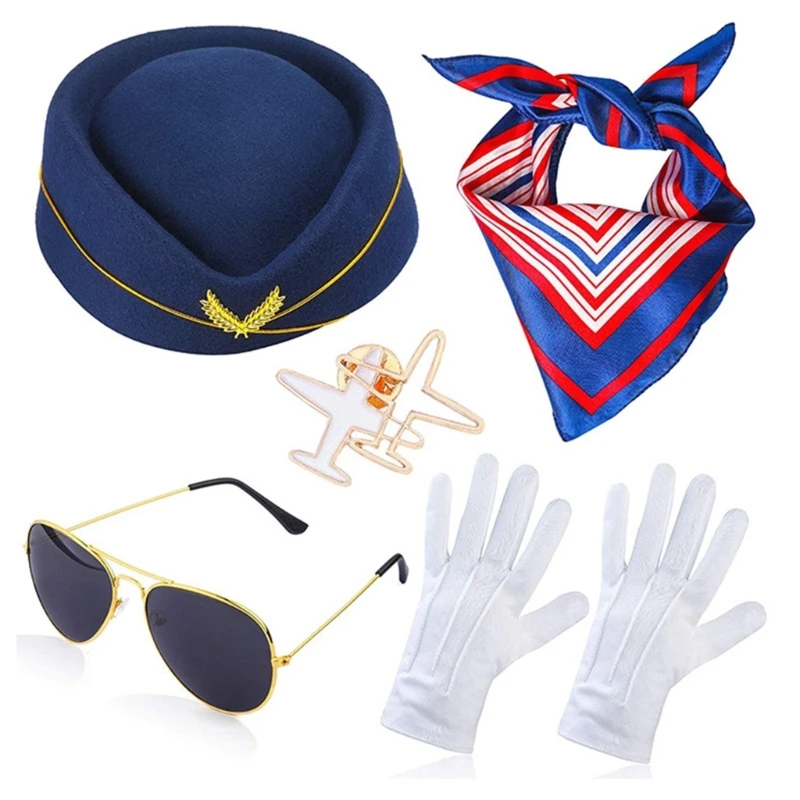 2024 New Stewardess Hat Stewardess Costume Airplanes Brooch Pin Stewardess Neck Scarf Stewardess Gloves Stewardess Accessories