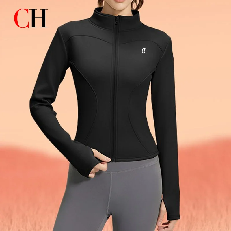 CH Women Zip Up Workout Jacket Stand Collar Long Sleeve Thumb Hole Yoga Top Slim Fit Fitness Sportswear Activewear