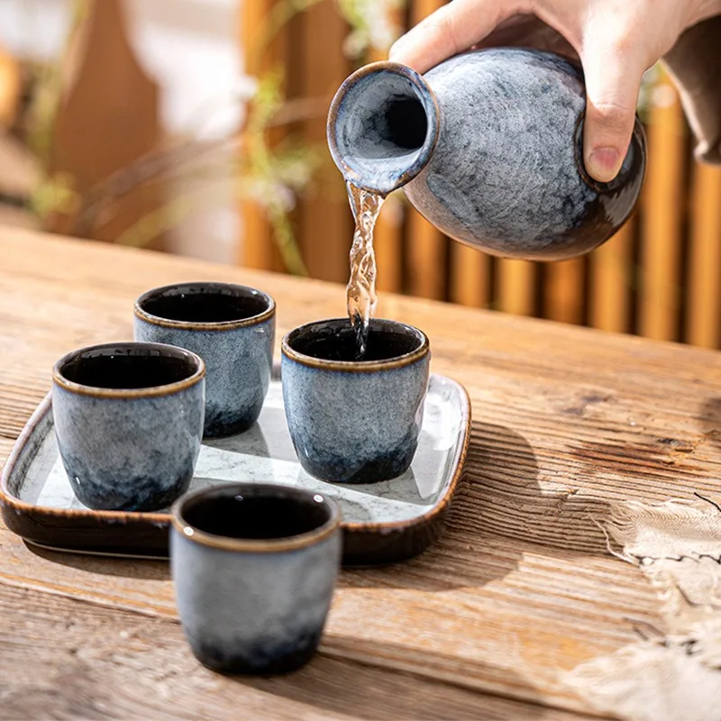 Japanese Ceramic Sake Set Creative Retro Kiln Transformation Wine Set Baijiu Glass Wine Dispenser Tray Home Drinking Utensils