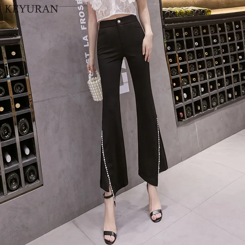 Elegant Women Flare Pants Elastic Korean Black Split Spring Summer Lady Trousers Fashion High Waist Button Ankle-Length Pants