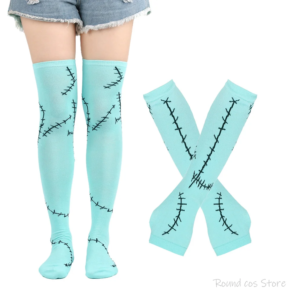 Sally Movie Cosplay Meias e Luvas para Mulheres Adultas, Conjunto Completo de Meias Impressas, Traje Oversleeves, Acessórios de Halloween