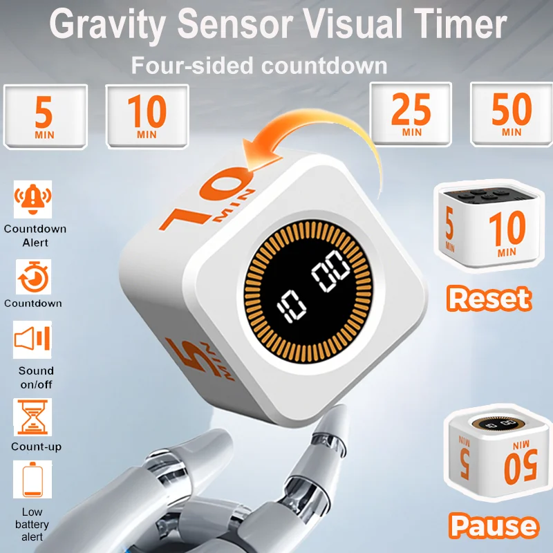 Gravity Sensor Timer Cube Shaped 4 Preset Time Visual Timer Rechargeable Mini LED Display Flip Timer for Study Work Fitness