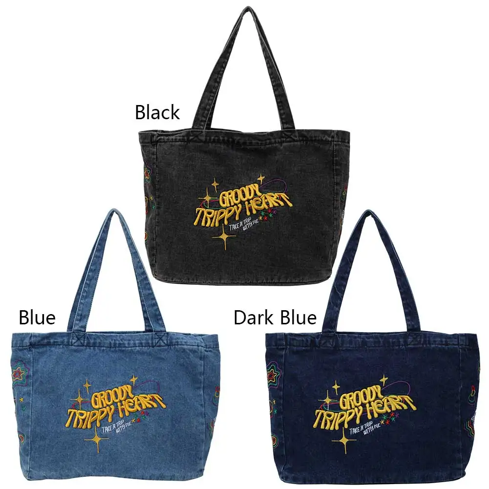 Denim Shoulder Bag Large Capacity Embroidered Fashion Handbag Aesthetic Travel Shopper Hobo Bag for Women and Girls