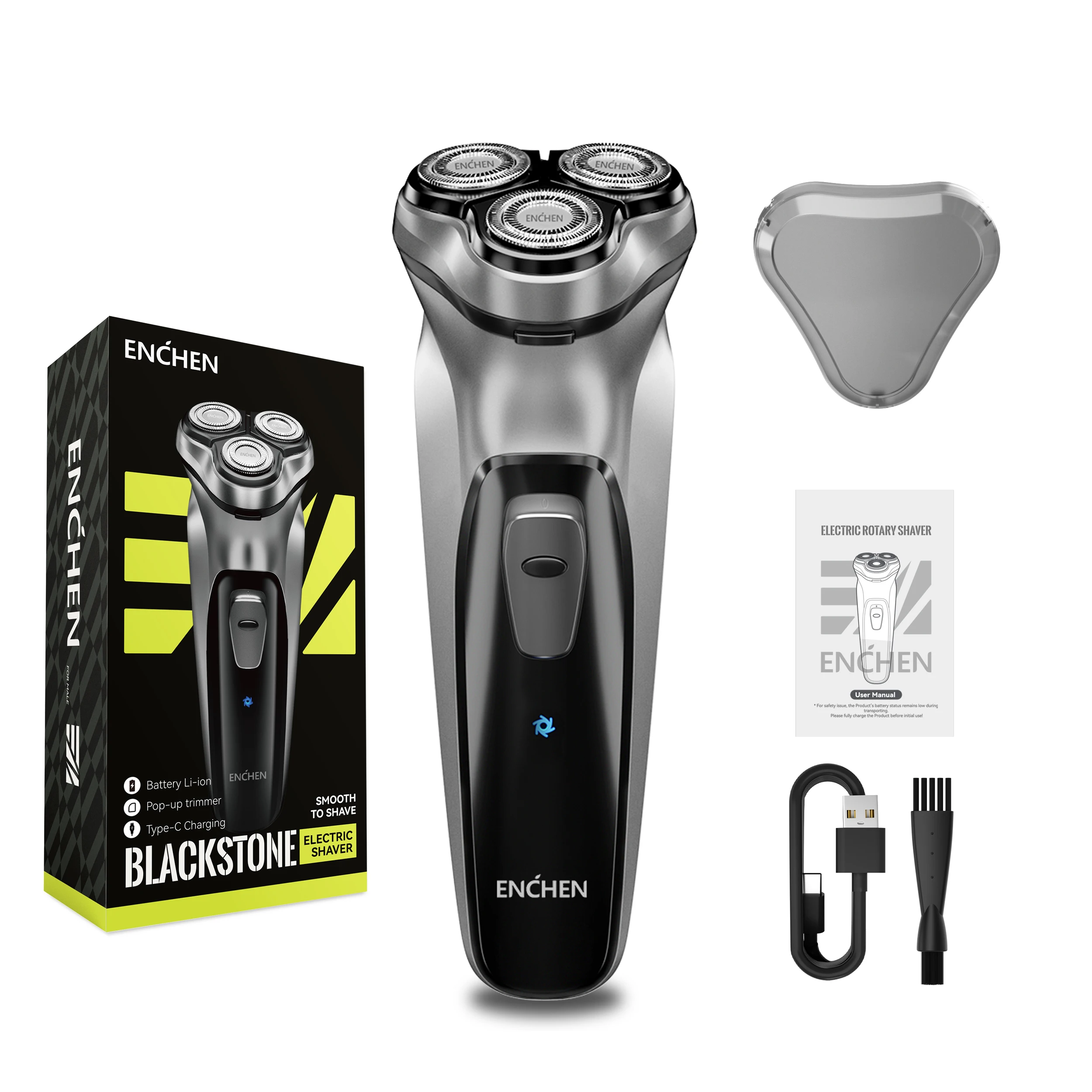 Barbeador rotativo elétrico Enchen Blackstone para homens, lâmina flutuante 3D, lavável tipo C, máquina de barba recarregável USB