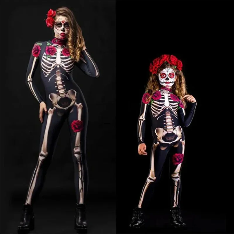 Halloween Enge Cosplay Skelet Rose Sexy Vrouwen Duivel Vampier Jumpsuit Party Carnaval Eng Kostuum Baby Meisje Dag Van De Doden