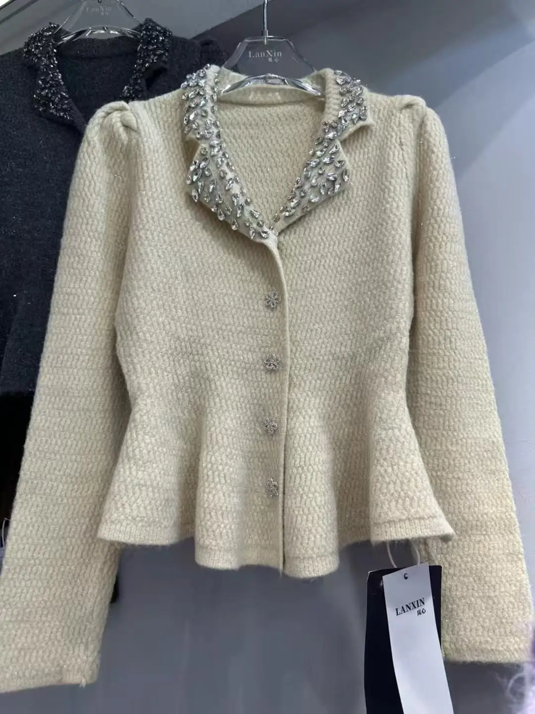 

Diamonds Decoration Women's Knitted Slim Fit Cardigan Coat Single-Breasted Sweater Office Ladies Elegant Sweaters Knitwear Top