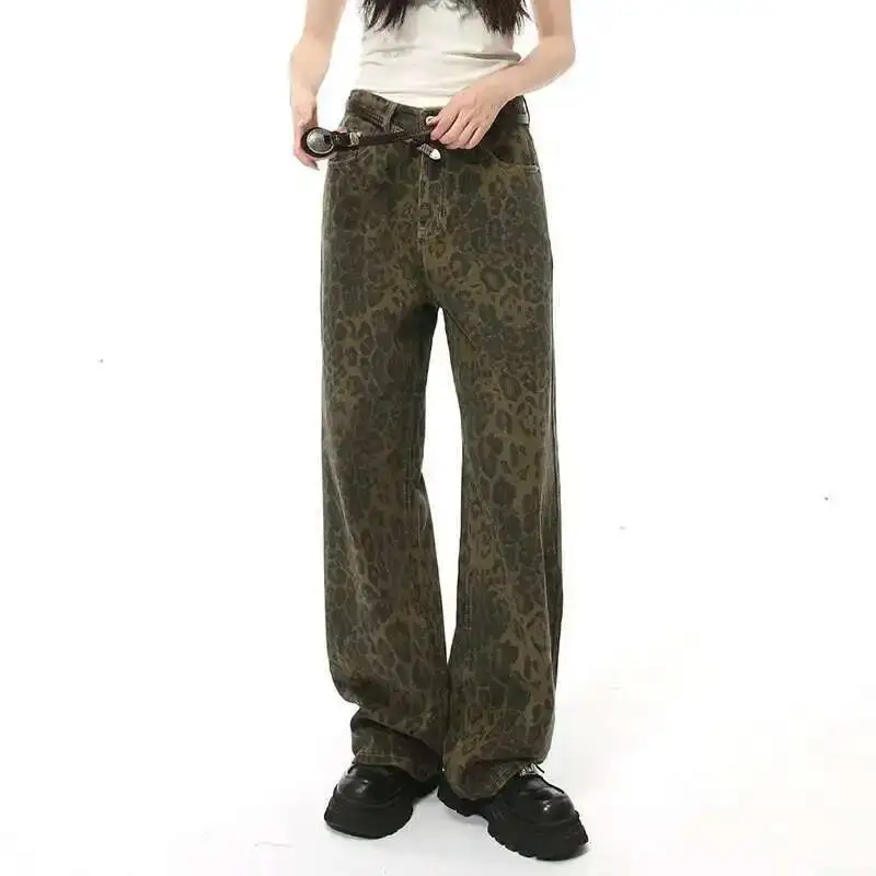 High Street New Men's Denim Pants Leopard Print Casual Bottom Straight Loose Wide Leg Male Jeans Spring Streewear 9CETZD