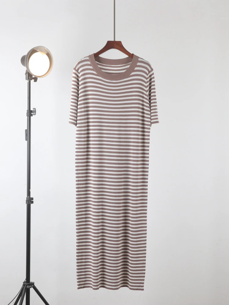 韓国スタイル春/夏ソリッドカラープルオーバールーズウエストストライプロングTシャツドレス女性用