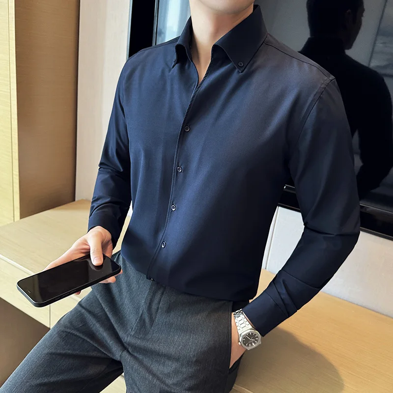 Men Long Sleeve Shirt Solid Color  V-neck Shirt Turn Down Collar Draped Wedding Groom Shirt Spring 2025 Mens Designer Clothes