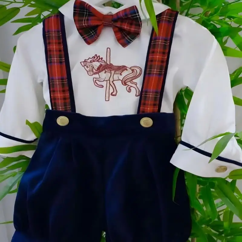 

0-6Y Boy Autumn Horse Embroidery Red Plaid Navy Blue Outfit Suit for Birthday Holiday Photography Eid Christmas C197
