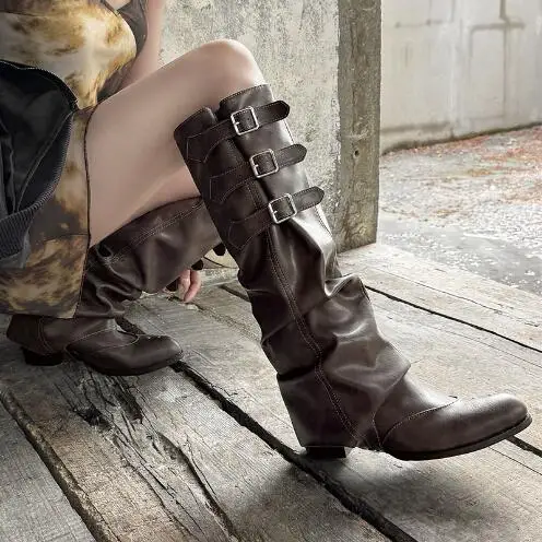 

Western Cowboy Brown Real Leather Belt Buckles Pointed Toe 5 CM Med Heels Knee High Boots Women Two Ways Wear Short Long Boots