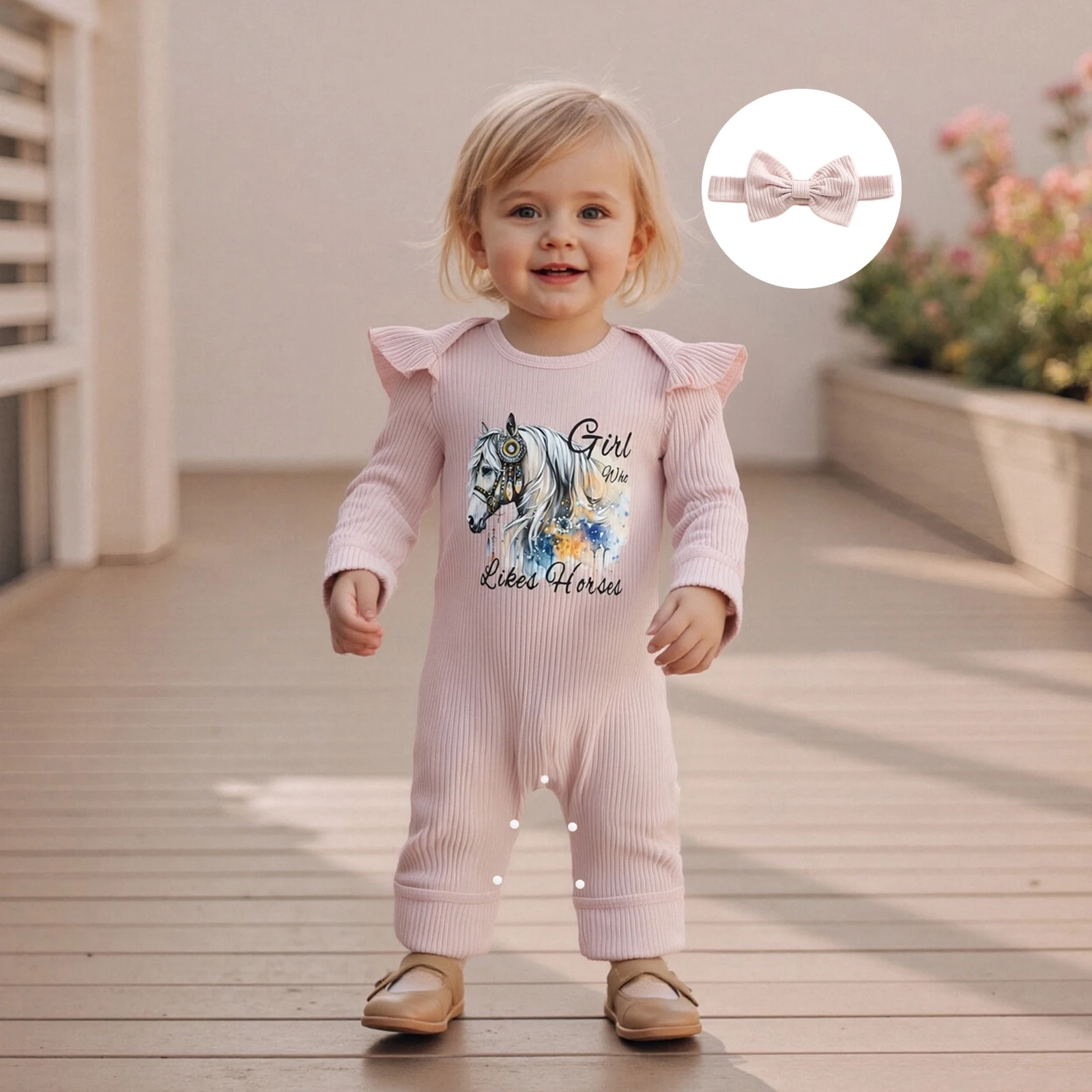 بدلة رومبير كاجوال للخريف للفتيات الصغيرات بأكمام طويلة ورقبة دائرية وطبعة حصان مع عصابة رأس