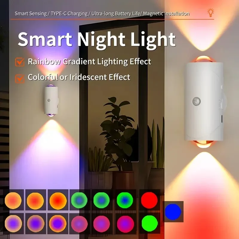 LED Night Light with Motion Sensor Wall Lamp RGB Sunset Gradient Ambient Light Rechargeable Dimmable Indoor Magnetic Step Lamp