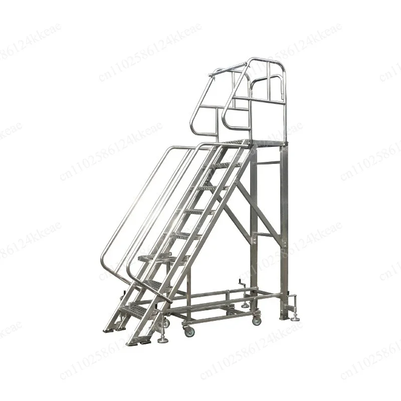 Movable Engineering Maintenance Platform Ladder, Stainless Steel Folding Climbing Ladder with Top Handrail & Anti-Slip Design