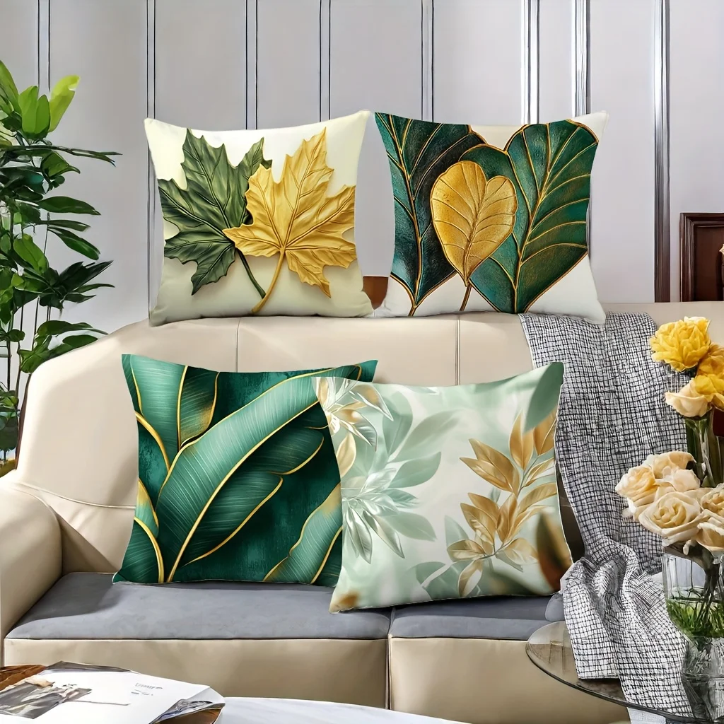 4pcs Gilded plant leaf pattern Single-sided printing Short plush Suitable living rooms bedrooms sofas (excluding pillow cores)