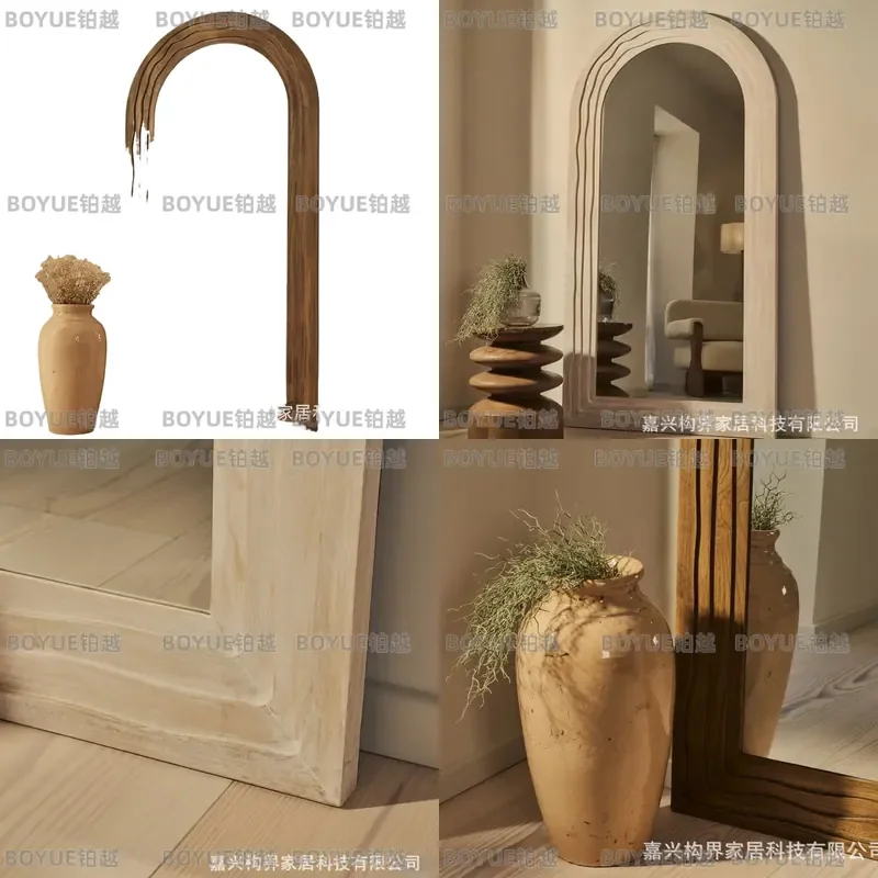 Vintage Arched Full Length Floor Mirror Wood Grain Wabi Sabi Style Standing Mirror for Bedroom Entryway French Retro Home