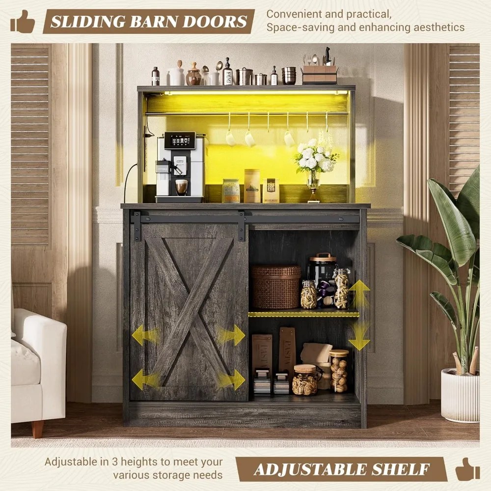 Farmhouse Style Coffee Bar Cabinet with Charging Station, LED Lighting, and Customizable Storage, Charming Buffet Hutch for Mode
