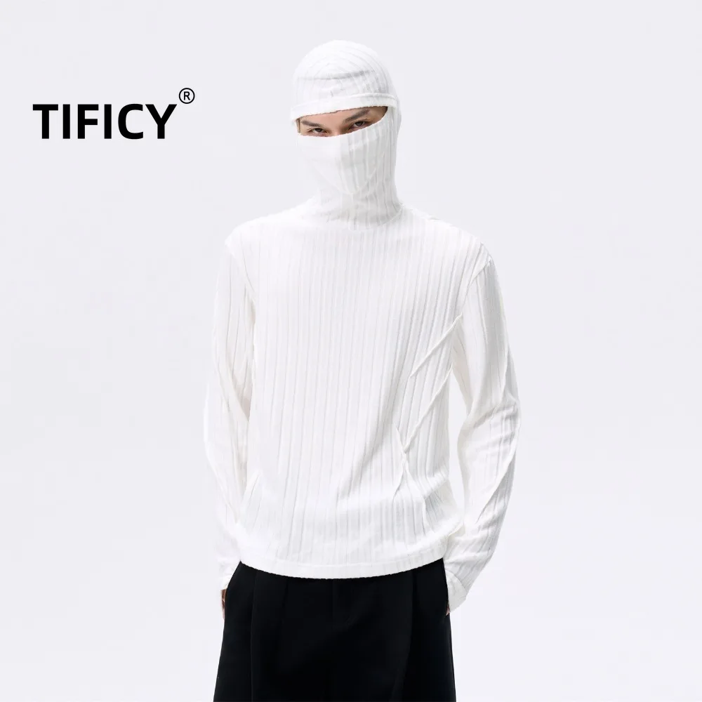 High Street Tees Hooded Face Mask T-shirt Men's Pullover Pioneer Vertical Stripe Velvet Feeling Autumn Knitted Base Tshirt Tops