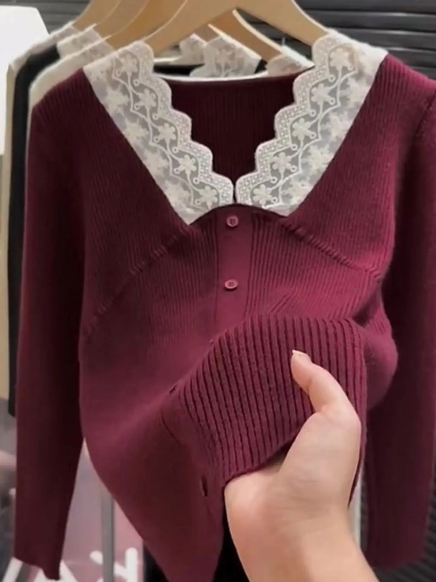 Ele الدانتيل لصق طويل Sve قاعدة irt سليم صالح محبوك سترة الشتاء Faion تخفيف Sle النسخة الكورية منتصف ثي V-Ne #3