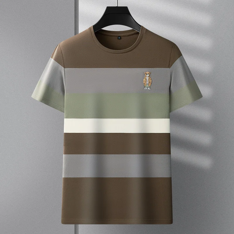 Exquisite cartoon bear embroidery men\'s striped short sleeved T-shirt summer pure cotton fashionable breathable casual T-shirt