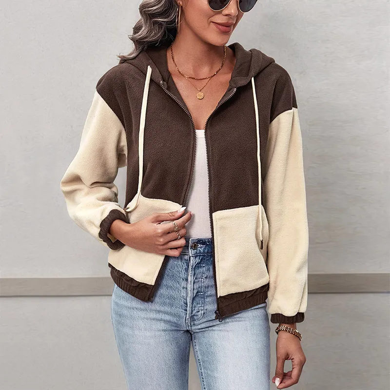 Europe and The United States New Autumn and Winter Fashion Spell Color Polar Fleece Zipper Hooded Casual Patchwork Jacket Women