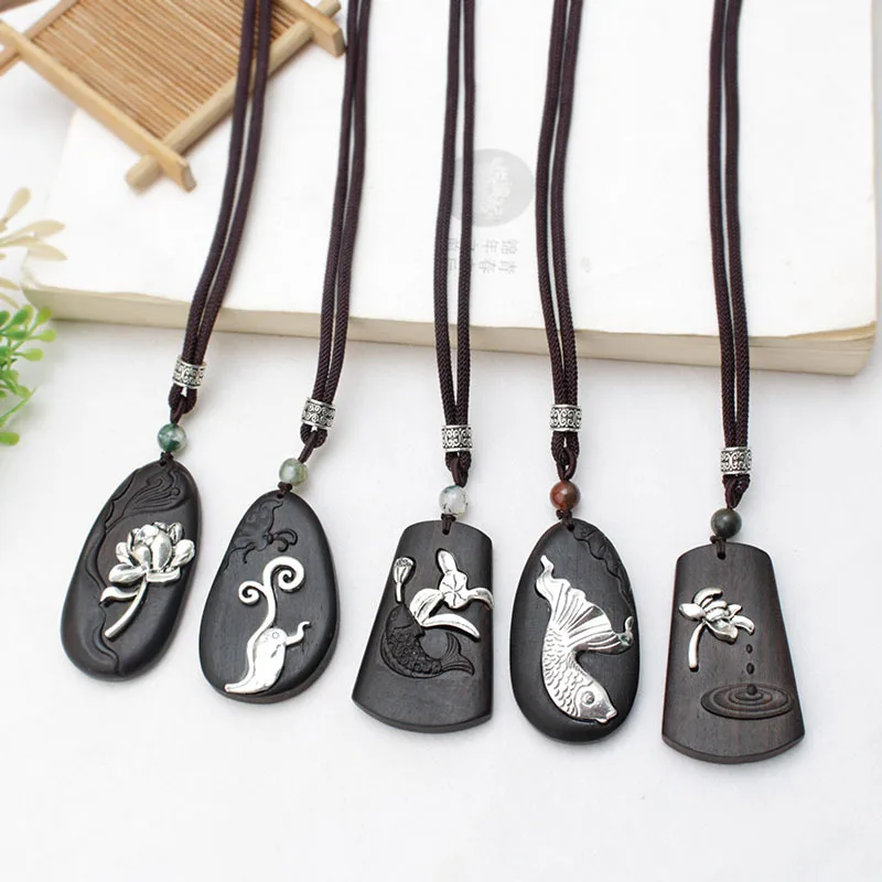 Simple Retro Ethnic Style Necklace Ebony Pendant All-match Woolen Chain Women's Long Cotton Linen Decorative Pendant Accessories