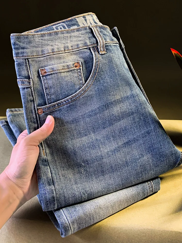 

Легкие роскошные элитные джинсы мужские осенние новые предметы синие облегающие ретро эластичные повседневные уличные брюки с маленькими штанинами мужские