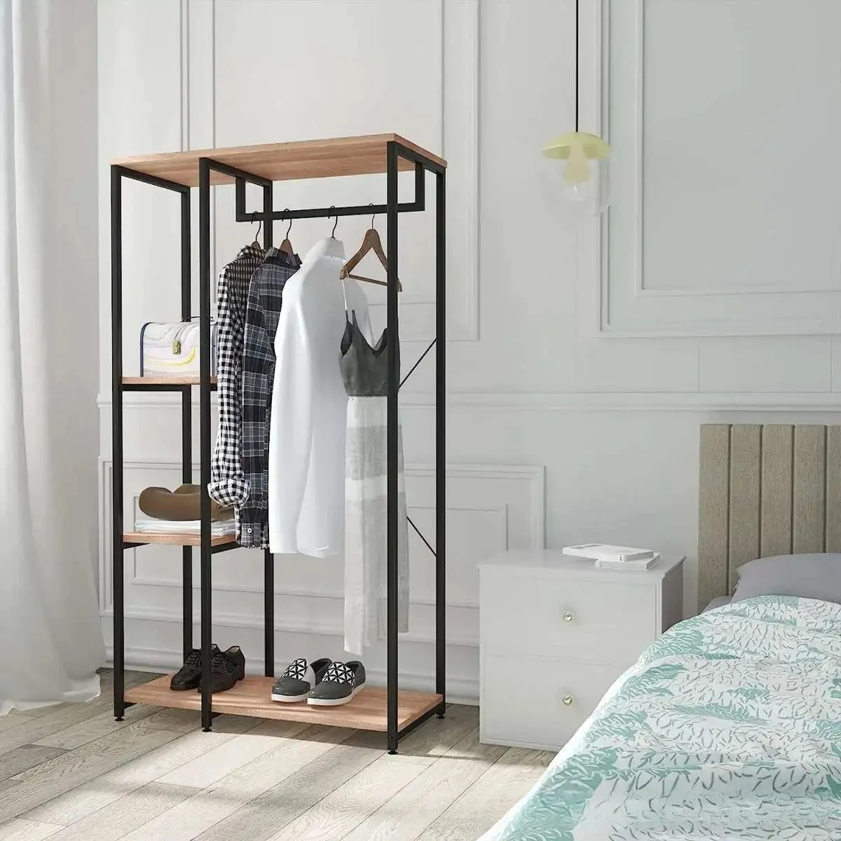 rw-Cross-border household coat rack with wooden board shoe rack integrated bedroom simple hanger multi-wardrobe l-
