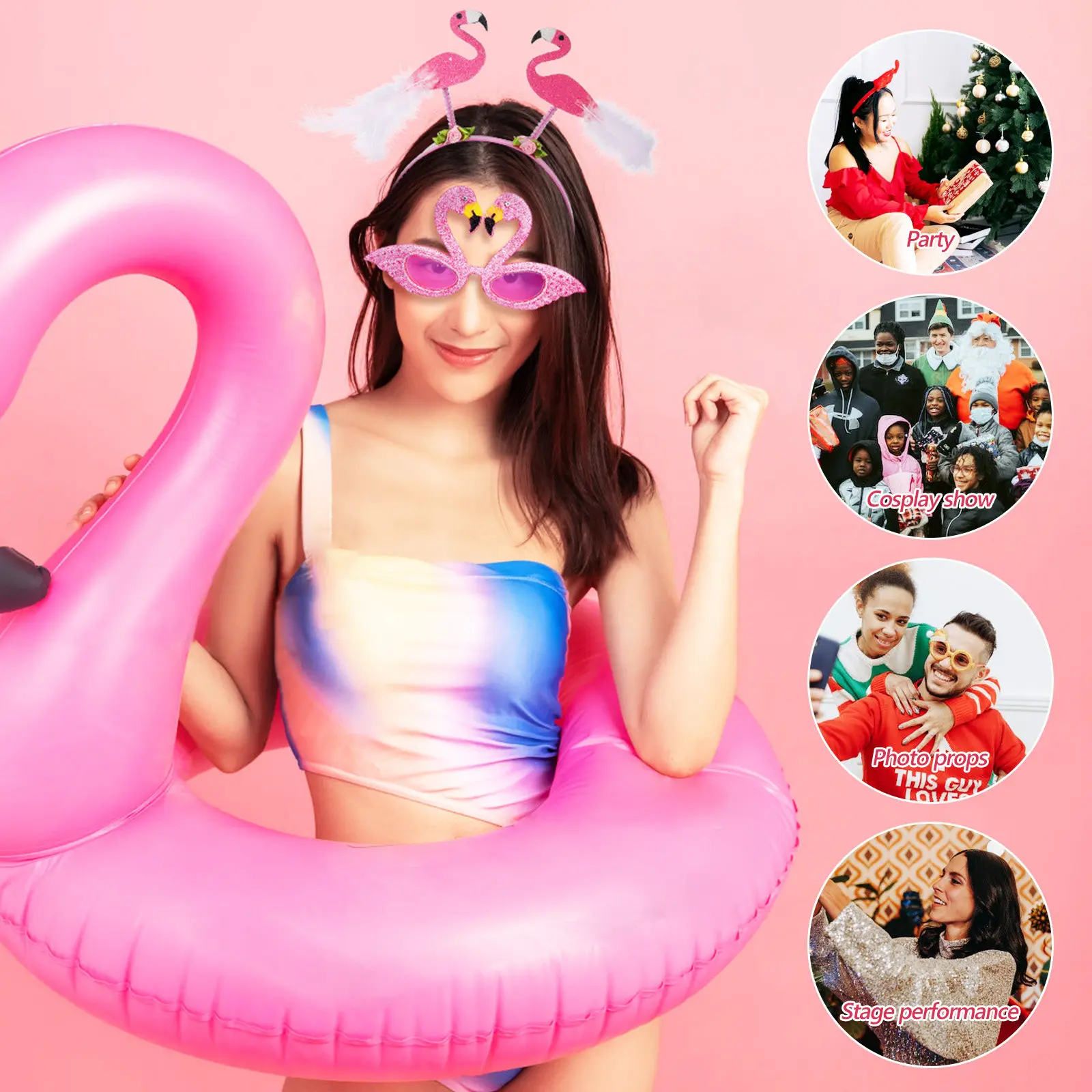 1Set Flamingo Headband and Glasses Combo Universal Fit Comfortable Plastic Party Eyeglasses Fun Rave Glasses Photo Props Decor