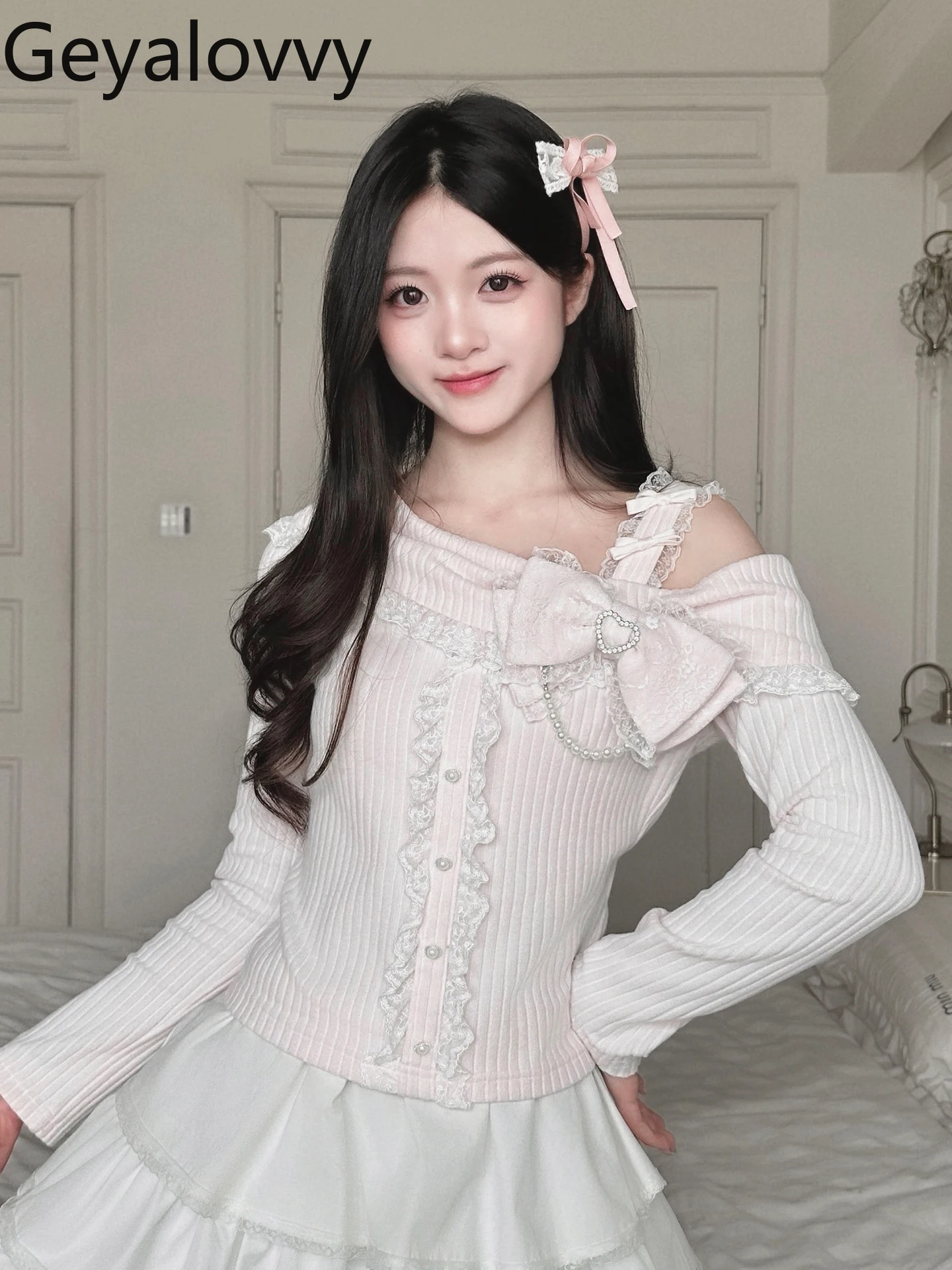 Autumn New Original Design Sweet Girls Off-Shoulder Knitwear Versatile Long Sleeve Slimming Inner Short Top and Skirt Set