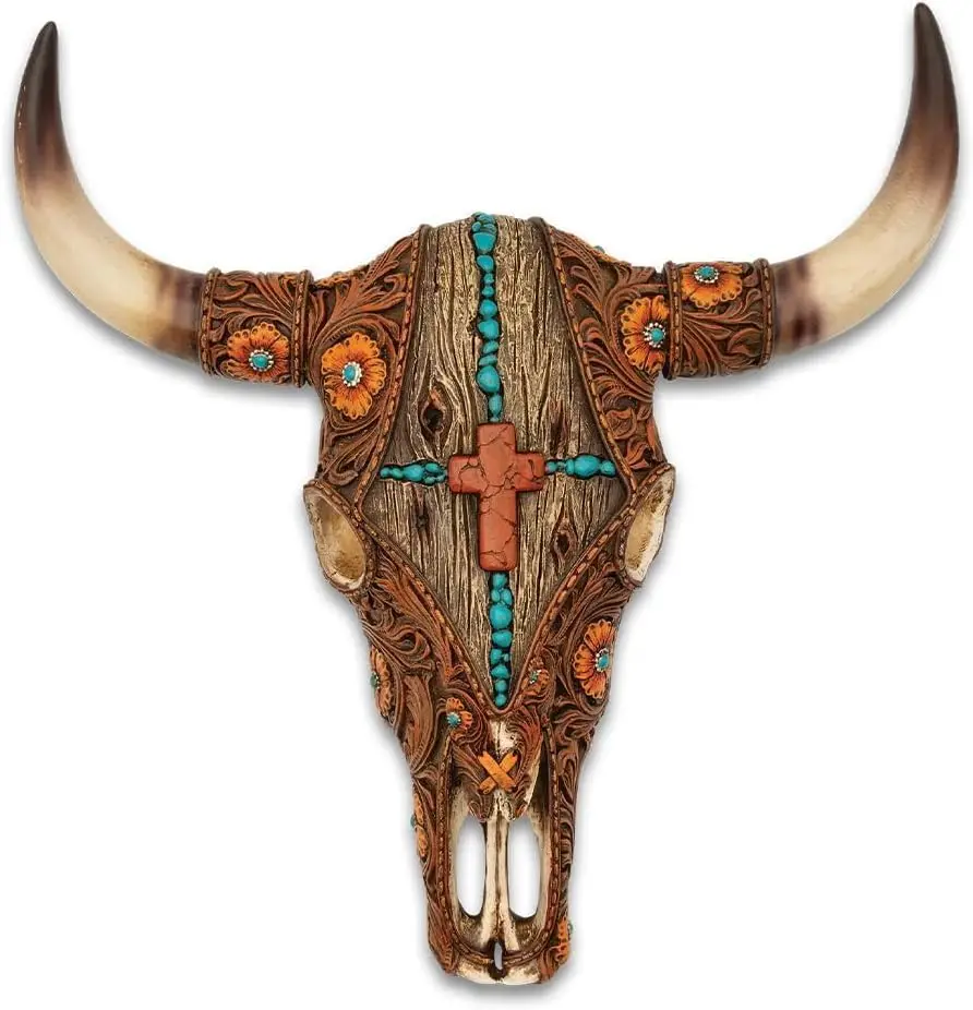 Western Cow Skull Sculpture Wall Decor Featuring a Wooden Cross