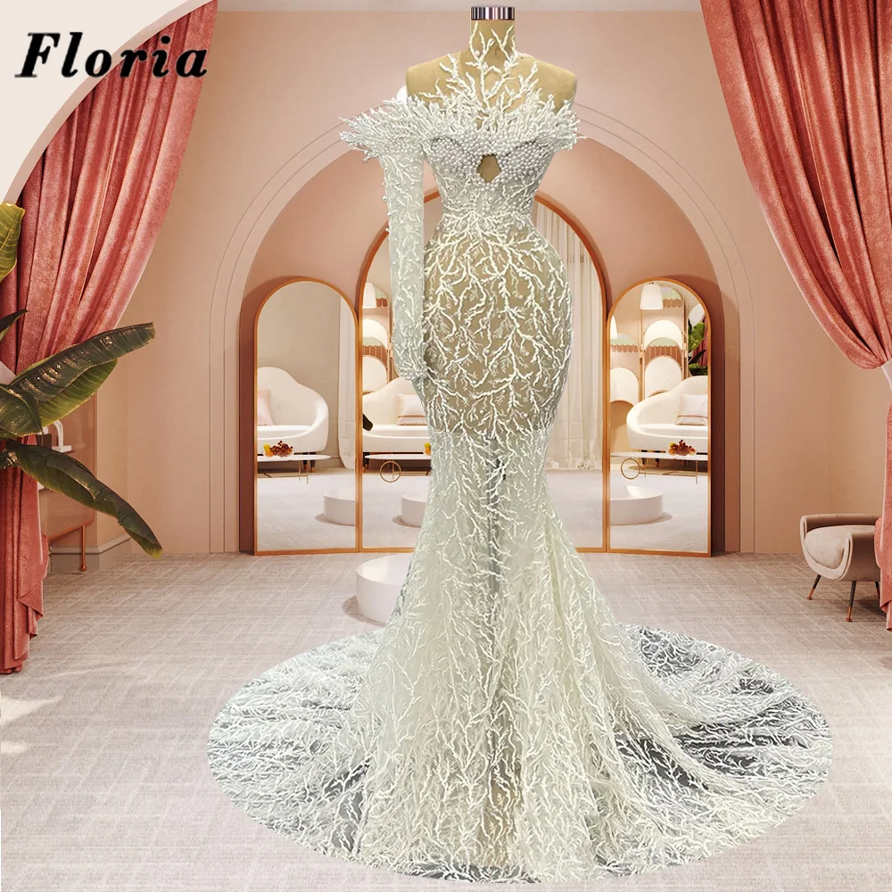 Floria Custom Made Ivory Lace Pearls Evening Dresses Turkish Dubai Mermaid Long Formal Dress For Wedding Guest 2023 Arabic Party