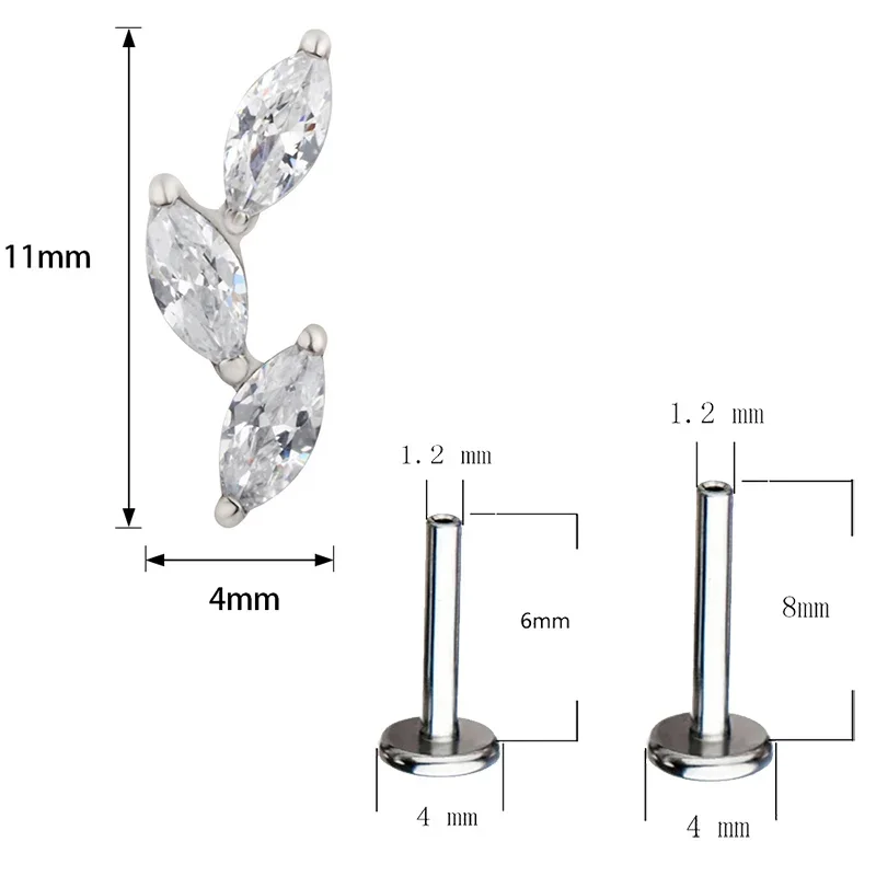 ASTM F136 Titanium EAR PIERC 3 Marquise Leaf Shape with CZ Top Cartilage Tragus Earrings Ear Helix Studs Tongue Piercing Jewelry