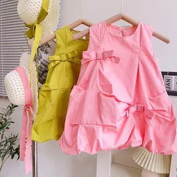 2023 Sommer Neuankömmling Mädchen ärmel los o Hals Bogen rosa grün niedlich Roupa Infantil Menina niedlichen Party kleid Custume 18m-7t