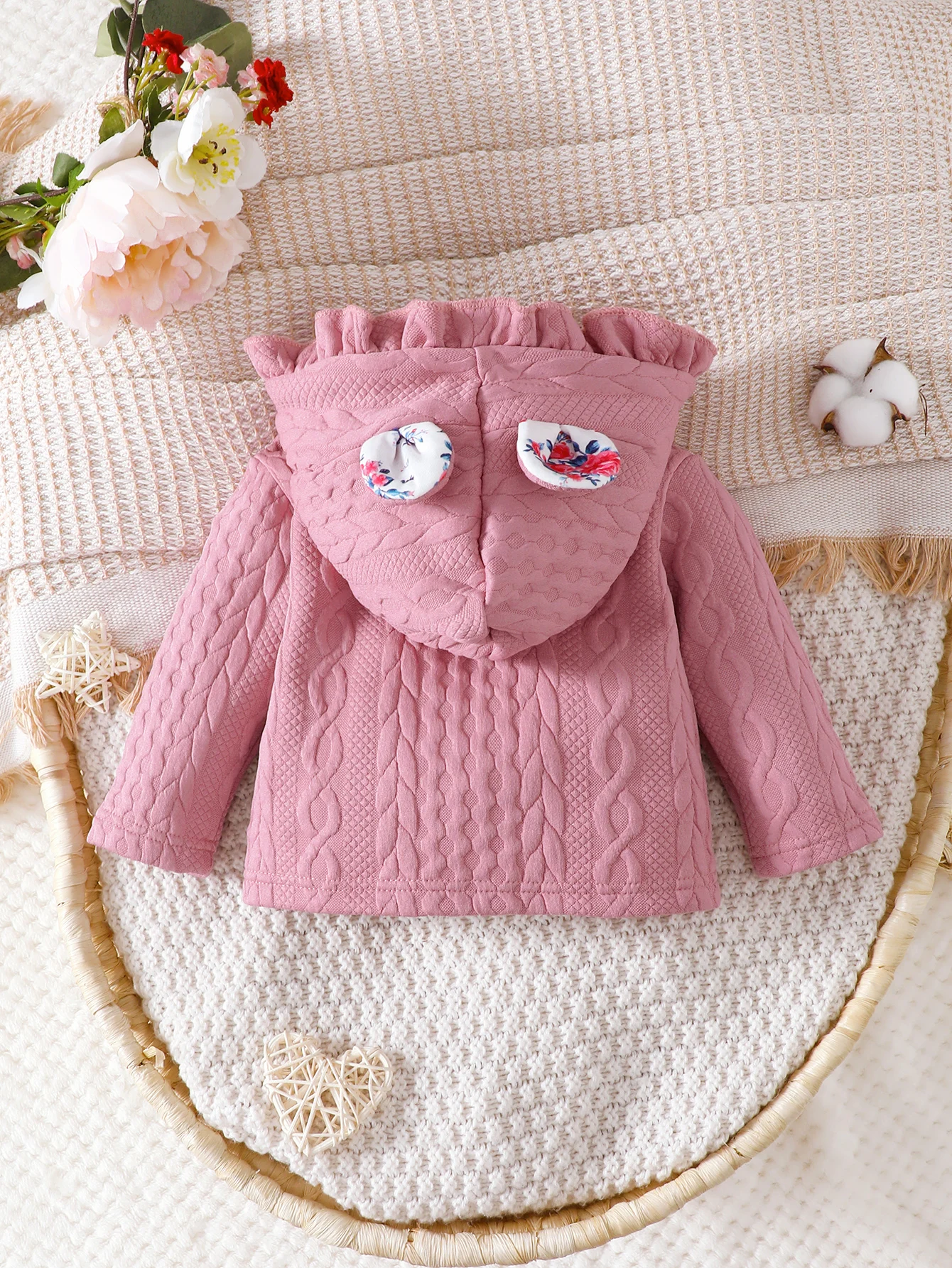 Autumn And Winter Girl Baby Pink Long Sleeve Jacket Design Lace Hooded Ears Warm Clothes Lady Everything Match Baby Girl Coat