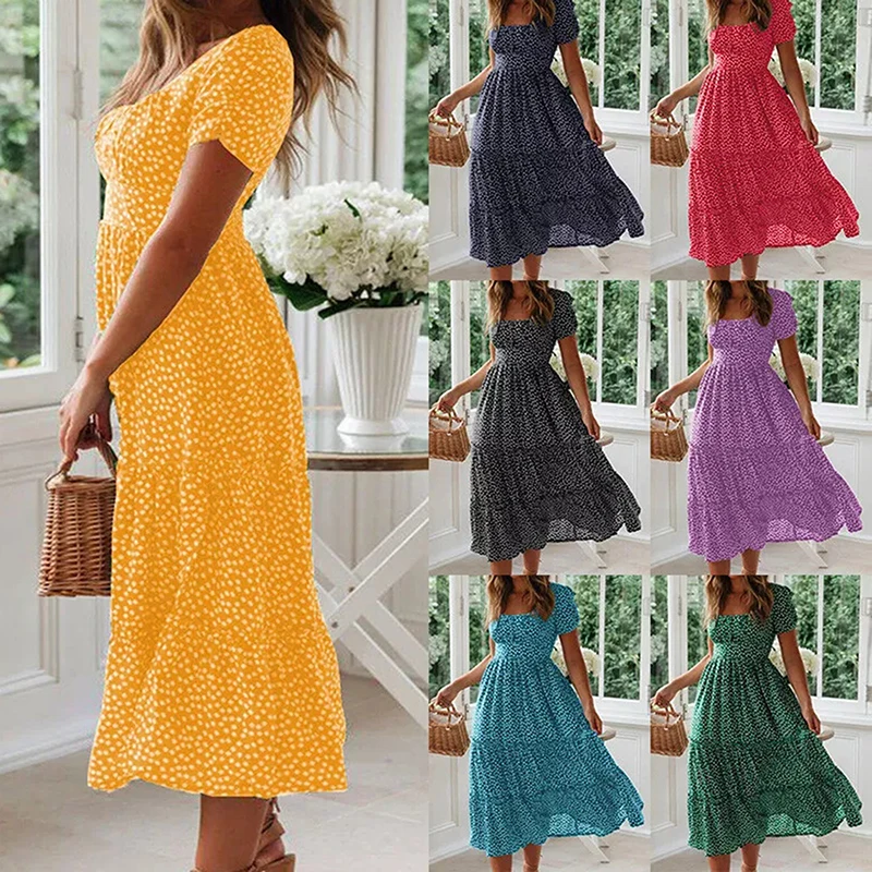 Elegant Floral Print Short Sleeve Flare Dress Women Square Neck Sexy Casual Midi Dresses Vacation Party Night Lady Dress Robe