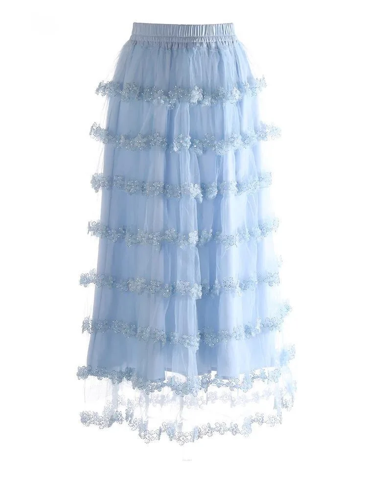 High Elastic Waist Blue Mesh Nailed Elegant Long Cake Half-body Skirt Women Fashion Tide New Spring Autumn