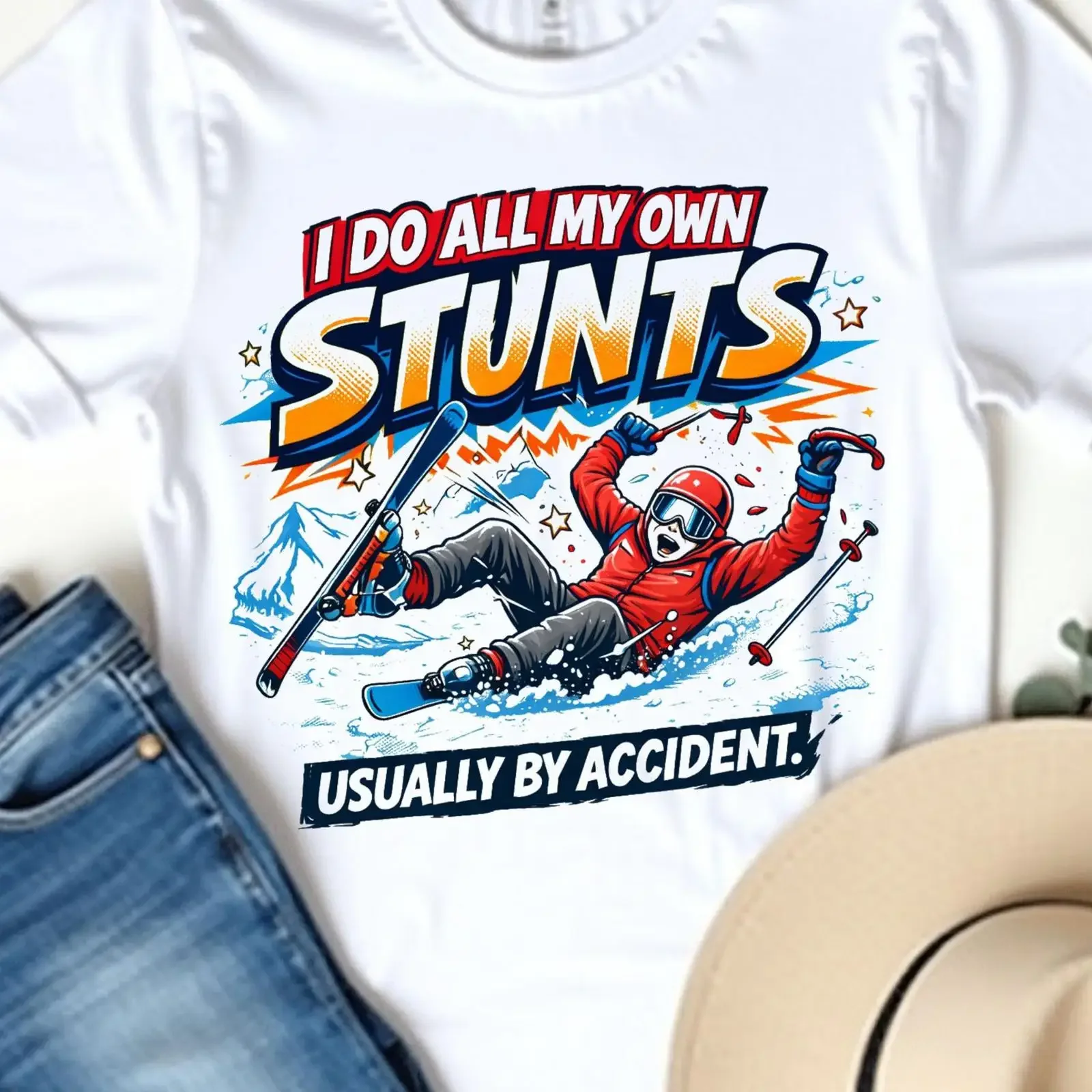 I Do All My Own Stunts Usually By Accident Funny Skiing T Shirt Winter Sport Humor Ski Lover Mountain Slope Casual vintage