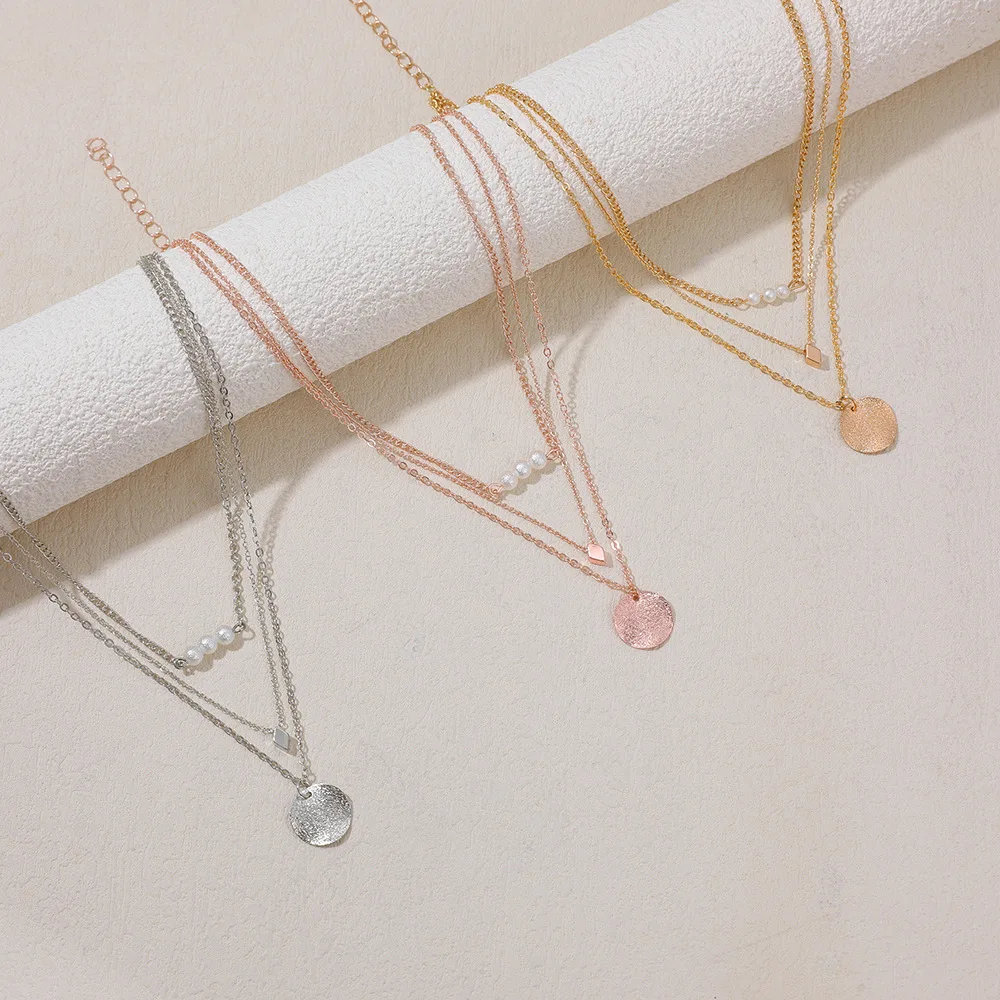 3 Tone Gold Rose Gold Silver Plated Alloy Layered Pearl Hammered Round Disc Pendant Necklace for Women Daily Jewelry Gift