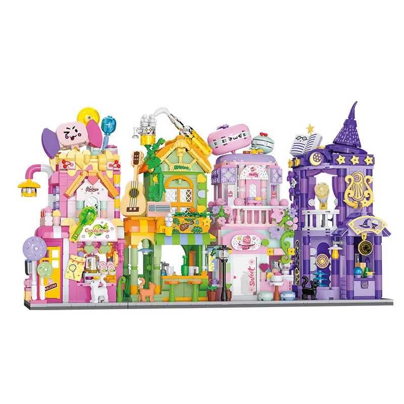 

Creative City Street View Candy Tarot Card Divination House Mini Block Macarone Cake Shop PUB Bar Building Brick Toy For Gifts