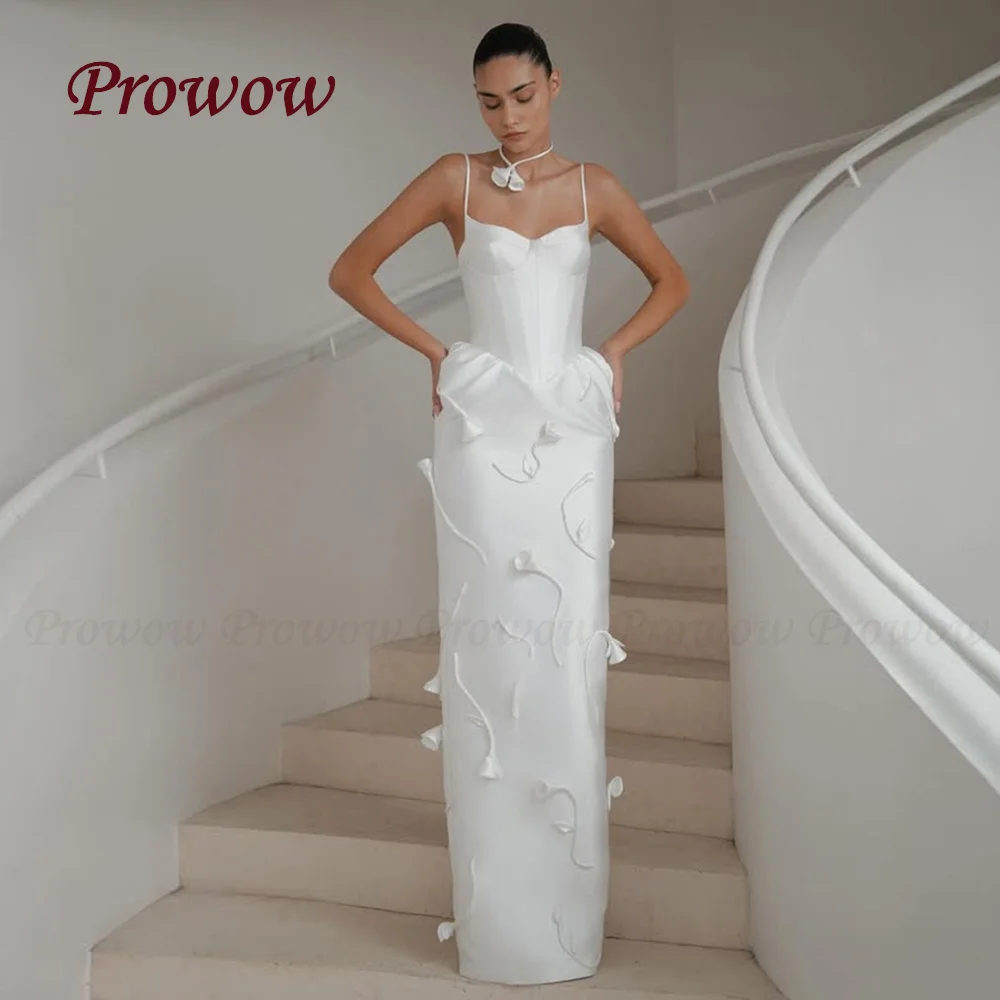 

Prowow Elegant Sweetheart Neck Wedding Dress Pleated Satin Straight Bridal Gown Spaghetti Straps Floor Length Flowers Customized