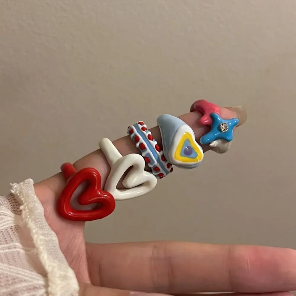 Retro Y2K Enamel Heart Ring Chunky Jewelry Korean Style Dripping Oil Finger Buckle Alloy Minority Design Geometric Ring Gift