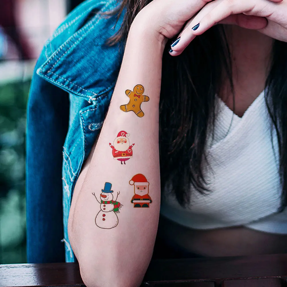 10 Sheets Temporary Tattoo Stickers for Christmas Decoration Cartoon Santa Claus Snowman Tree Socks Fake Tattoo for Body Decor
