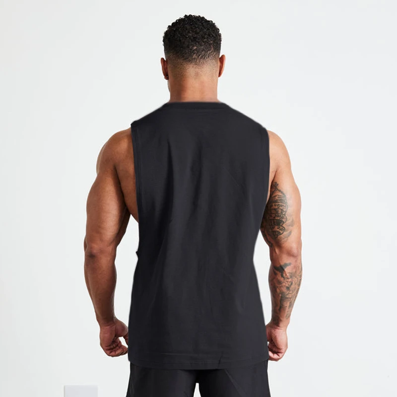 Summer cotton men\'s tank top Gym workout men\'s Breathable sportswear Fashion wide shoulder crew neck top