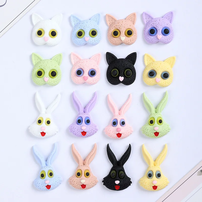 Cute Cat Rabbit Head Resin Flatback Cabochons 20pcs Big Large Bunny Head with Luminous Eyes Flat Back Resins Embellishments DIY