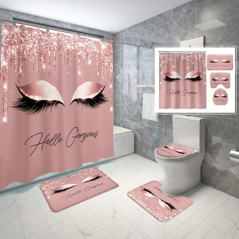 4PCs eyelash printed set, pink waterproof shower curtain with 12 hooks, non-slip rug, toilet lid cover pad and u-