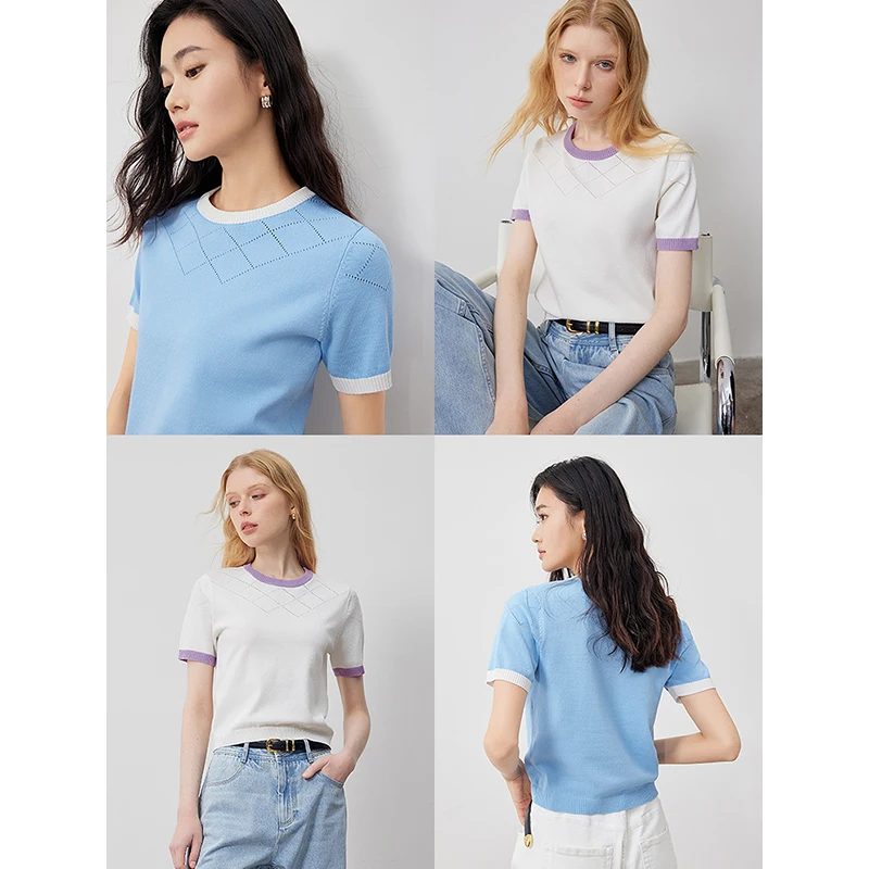 TOYOUTH Women Knitwear 2024 Summer New Ice Refreshing Silk Short Sleeved Top