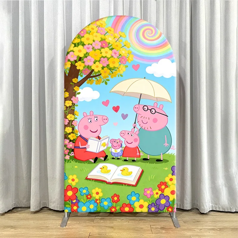 2D Flat Arch Backdrop Cover Single Layer Non-Stretch Fabric Colorful Peppa Pig Themed Party with Panels Featuring Rainbow Tree
