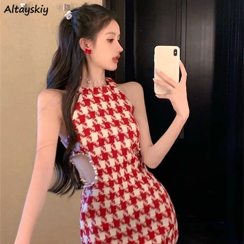 

Sexy Mini Dresses Women Hollow Out Sleeveless Tender Bird Lattice Chic French Style Summer Fashion All-match Club Mujer Slim New