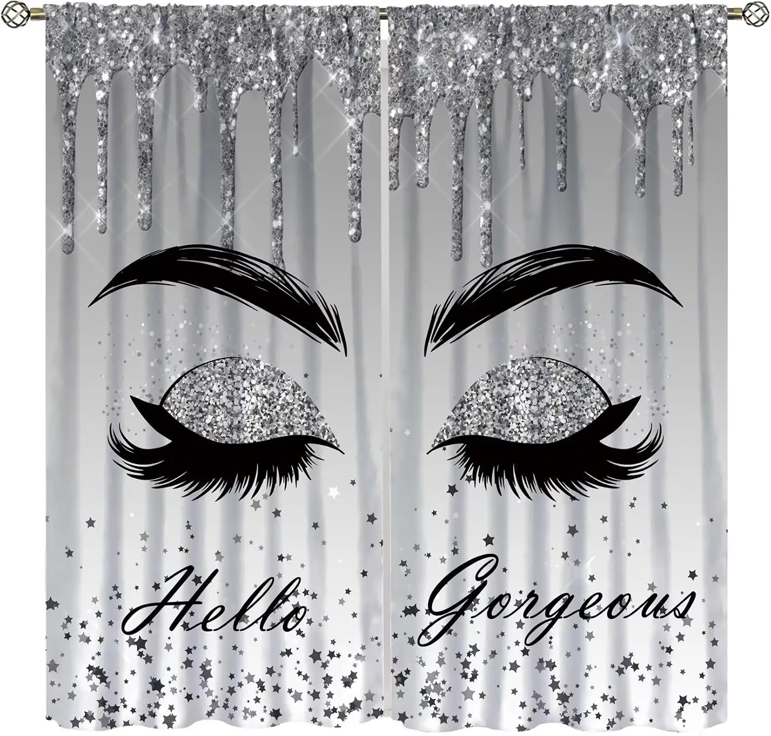 Silver Glitter Drip Eyelash Curtain Beauty Eyebrow Eye Star Hello Gorgeous Letter Print Light Filter Drape For Makeup Room